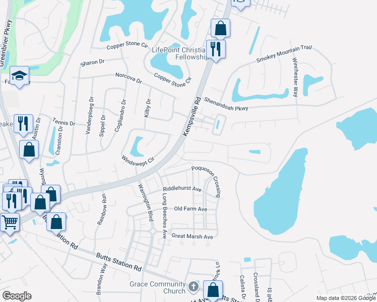 map of restaurants, bars, coffee shops, grocery stores, and more near 1408 Kemp Bridge Drive in Chesapeake