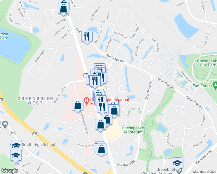 map of restaurants, bars, coffee shops, grocery stores, and more near 659 Ridge Circle in Chesapeake