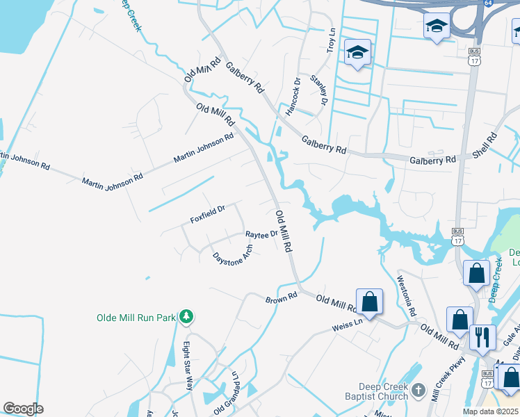 map of restaurants, bars, coffee shops, grocery stores, and more near 3425 Old Mill Road in Chesapeake