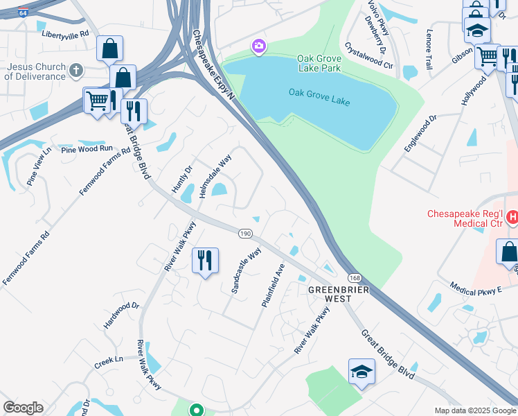 map of restaurants, bars, coffee shops, grocery stores, and more near 706 Nesting Place in Chesapeake