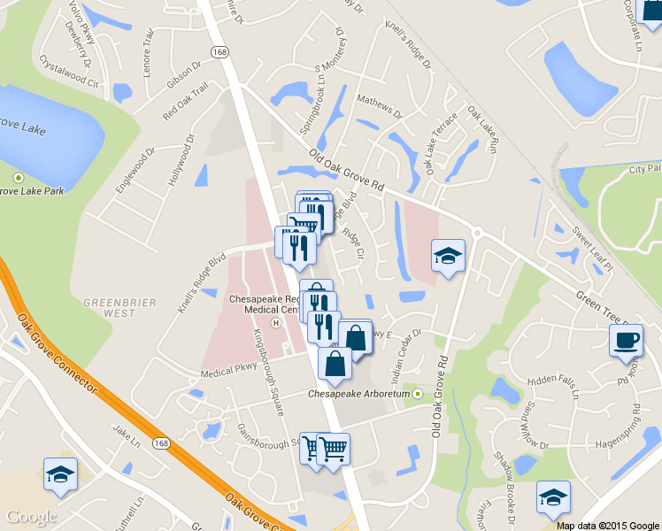 map of restaurants, bars, coffee shops, grocery stores, and more near 658 Ridge Circle in Chesapeake