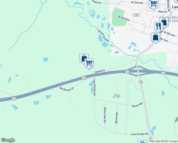 map of restaurants, bars, coffee shops, grocery stores, and more near Brunswick Square Court in Brunswick County