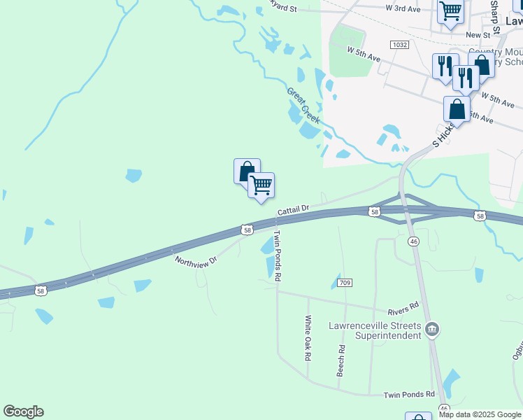 map of restaurants, bars, coffee shops, grocery stores, and more near Brunswick Square Court in Brunswick County