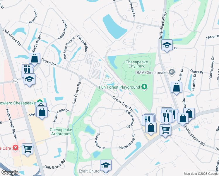 map of restaurants, bars, coffee shops, grocery stores, and more near 419 Blue Beech Way in Chesapeake