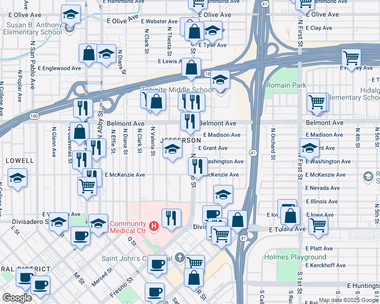 map of restaurants, bars, coffee shops, grocery stores, and more near 2342 East Grant Avenue in Fresno