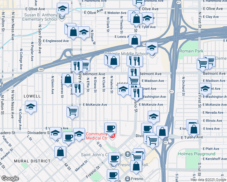 map of restaurants, bars, coffee shops, grocery stores, and more near 376 North Valeria Street in Fresno