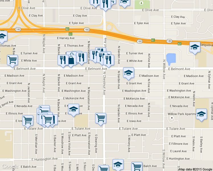 map of restaurants, bars, coffee shops, grocery stores, and more near 4808 E Grant Ave in Fresno