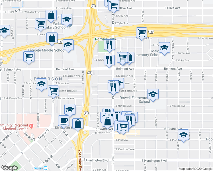 map of restaurants, bars, coffee shops, grocery stores, and more near 3050 East Grant Avenue in Fresno
