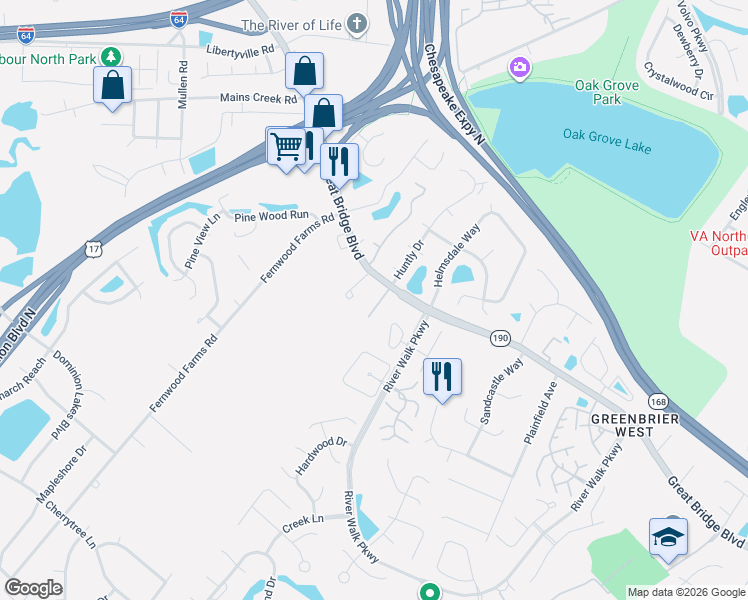 map of restaurants, bars, coffee shops, grocery stores, and more near 640 Estates Way in Chesapeake
