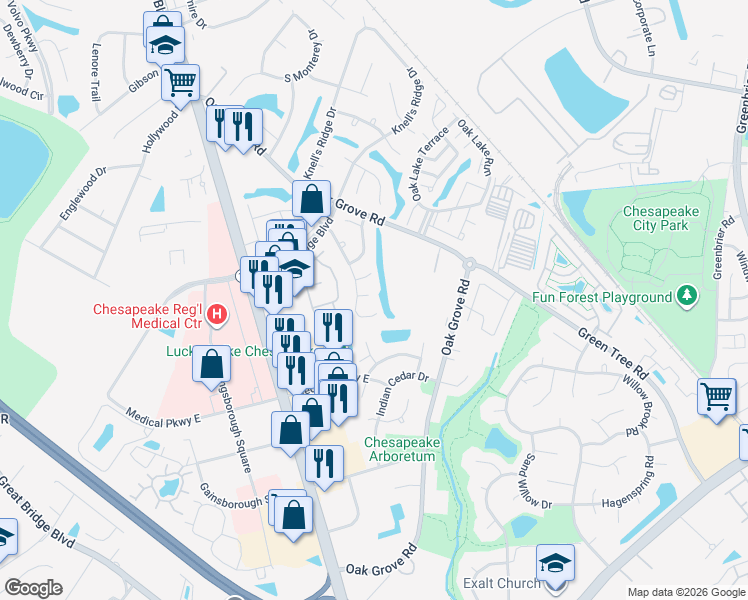 map of restaurants, bars, coffee shops, grocery stores, and more near 310 Amherst Court in Chesapeake