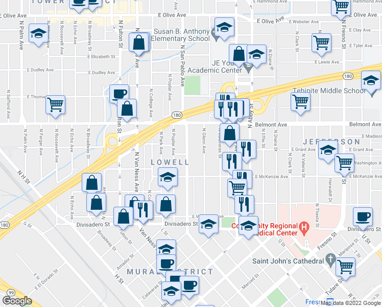 map of restaurants, bars, coffee shops, grocery stores, and more near 390 North San Pablo Avenue in Fresno
