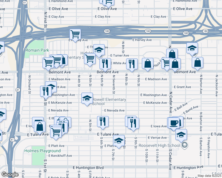 map of restaurants, bars, coffee shops, grocery stores, and more near 3656 E Grant Ave in Fresno