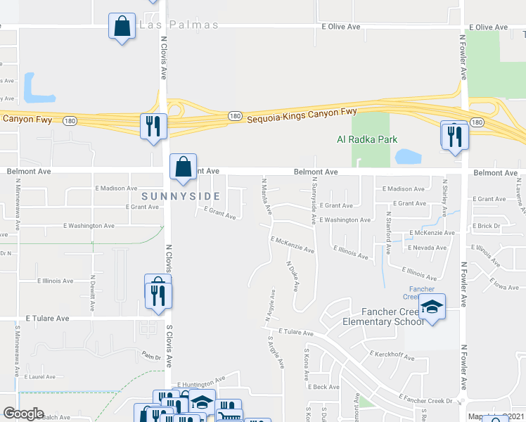 map of restaurants, bars, coffee shops, grocery stores, and more near 391 North Manila Avenue in Fresno