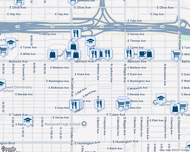map of restaurants, bars, coffee shops, grocery stores, and more near 4452 East Grant Avenue in Fresno