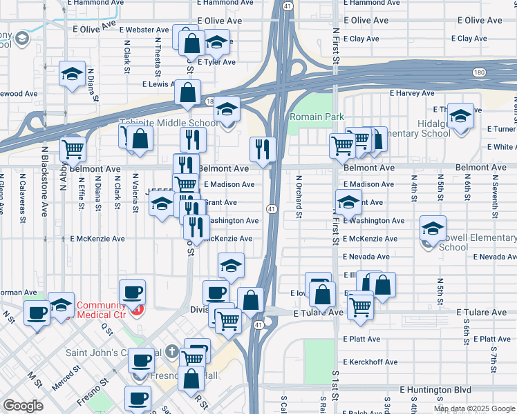 map of restaurants, bars, coffee shops, grocery stores, and more near 2810 East Grant Avenue in Fresno