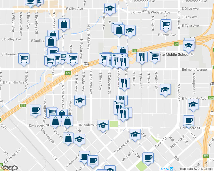 map of restaurants, bars, coffee shops, grocery stores, and more near 394 North Glenn Avenue in Fresno