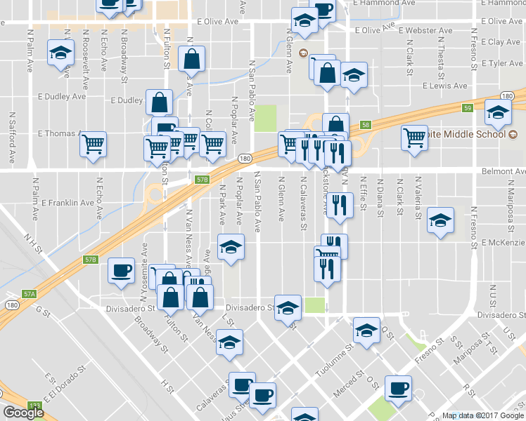 map of restaurants, bars, coffee shops, grocery stores, and more near 394 North San Pablo Avenue in Fresno