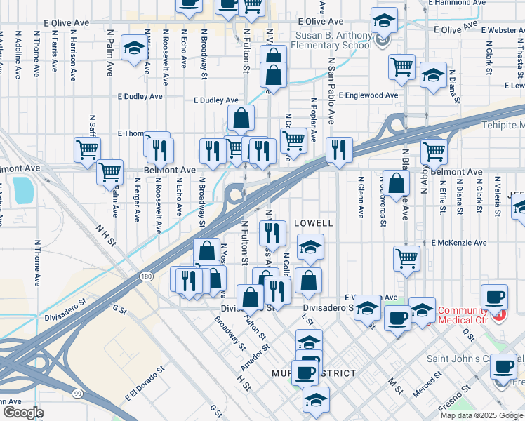map of restaurants, bars, coffee shops, grocery stores, and more near 375 North Van Ness Avenue in Fresno