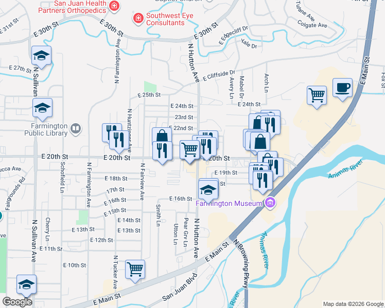 map of restaurants, bars, coffee shops, grocery stores, and more near 2618 East 20th Street in Farmington