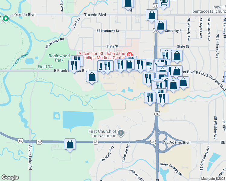 map of restaurants, bars, coffee shops, grocery stores, and more near 3155 East 4th Street in Bartlesville