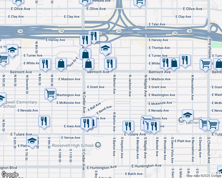 map of restaurants, bars, coffee shops, grocery stores, and more near 4452 East Grant Avenue in Fresno