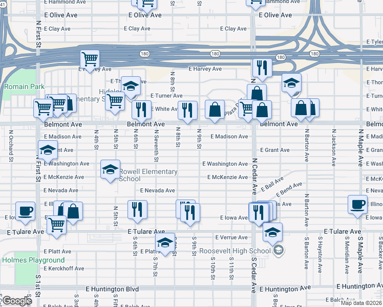 map of restaurants, bars, coffee shops, grocery stores, and more near in Fresno
