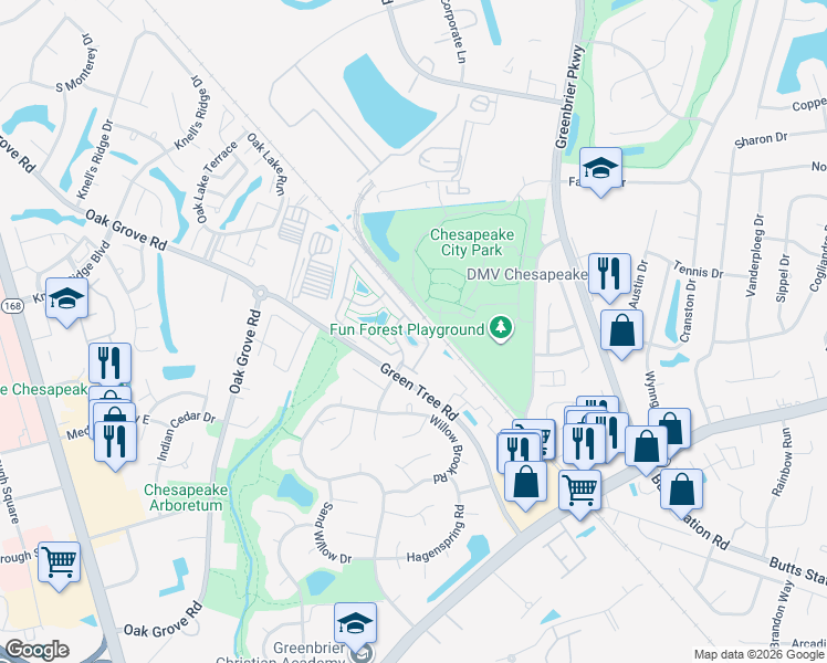 map of restaurants, bars, coffee shops, grocery stores, and more near 523 Sweet Leaf Place in Chesapeake