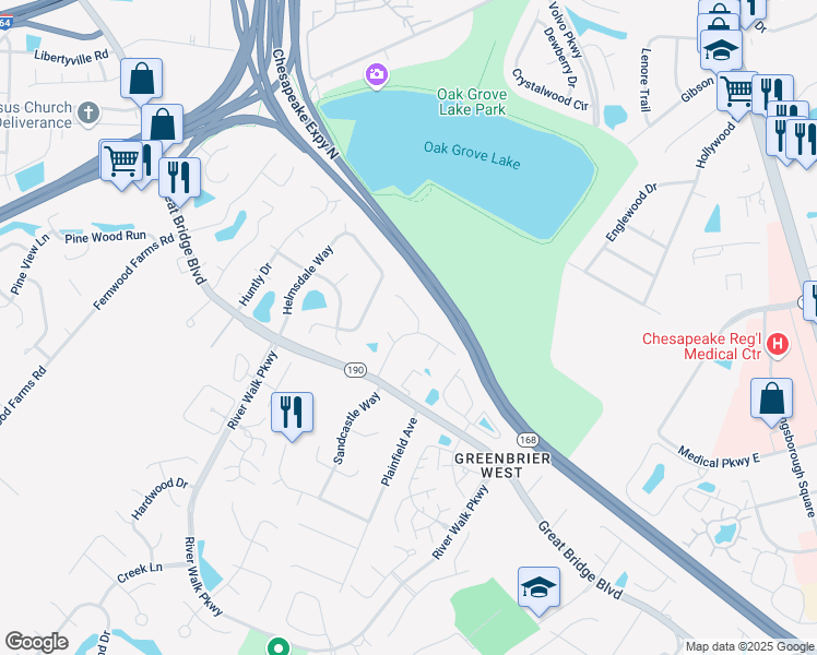 map of restaurants, bars, coffee shops, grocery stores, and more near 700 Treetop Lane in Chesapeake