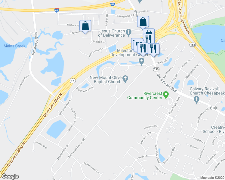 map of restaurants, bars, coffee shops, grocery stores, and more near 315 Cobblewood Arch in Chesapeake