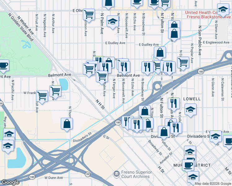 map of restaurants, bars, coffee shops, grocery stores, and more near 392 North Ferger Avenue in Fresno