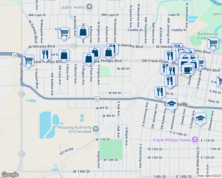 map of restaurants, bars, coffee shops, grocery stores, and more near 516 Kaw Avenue in Bartlesville