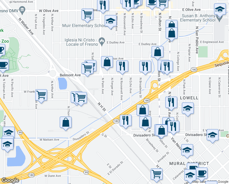 map of restaurants, bars, coffee shops, grocery stores, and more near 392 North Ferger Avenue in Fresno