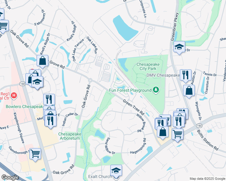map of restaurants, bars, coffee shops, grocery stores, and more near 428 Blue Beech Way in Chesapeake