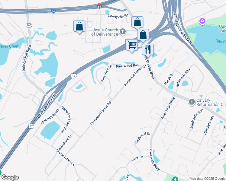 map of restaurants, bars, coffee shops, grocery stores, and more near 445 Cobblewood Bend in Chesapeake