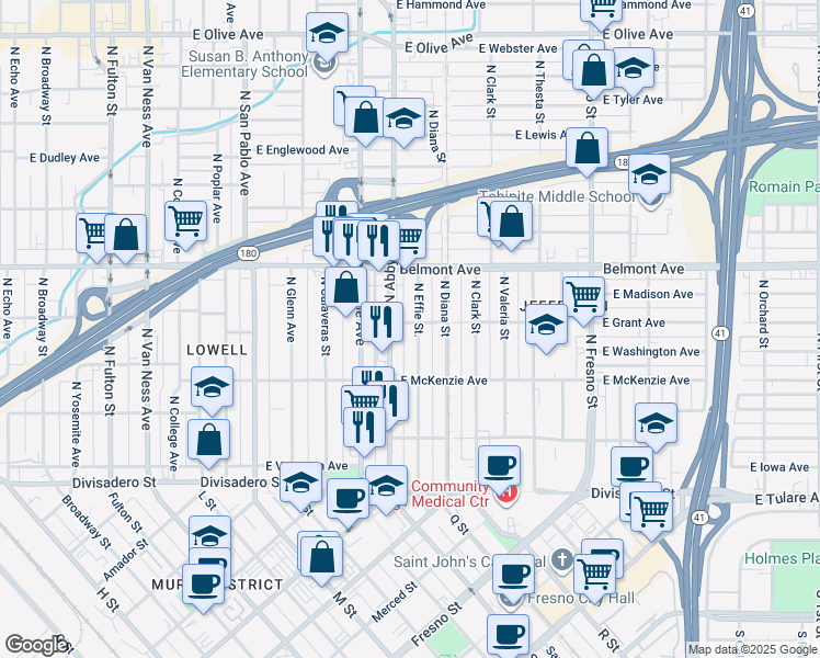 map of restaurants, bars, coffee shops, grocery stores, and more near 379 North Effie Street in Fresno