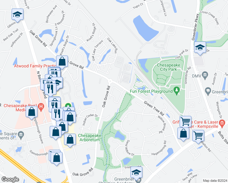 map of restaurants, bars, coffee shops, grocery stores, and more near 701 Green Tree Circle in Chesapeake