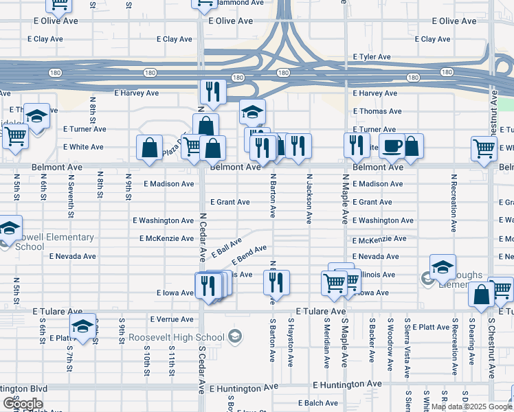 map of restaurants, bars, coffee shops, grocery stores, and more near 4452 East Grant Avenue in Fresno