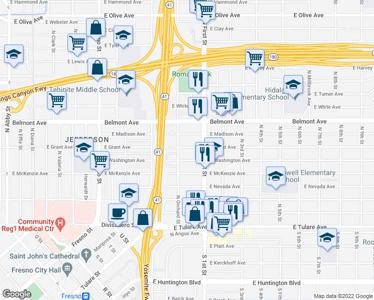 map of restaurants, bars, coffee shops, grocery stores, and more near 3028 East Grant Avenue in Fresno