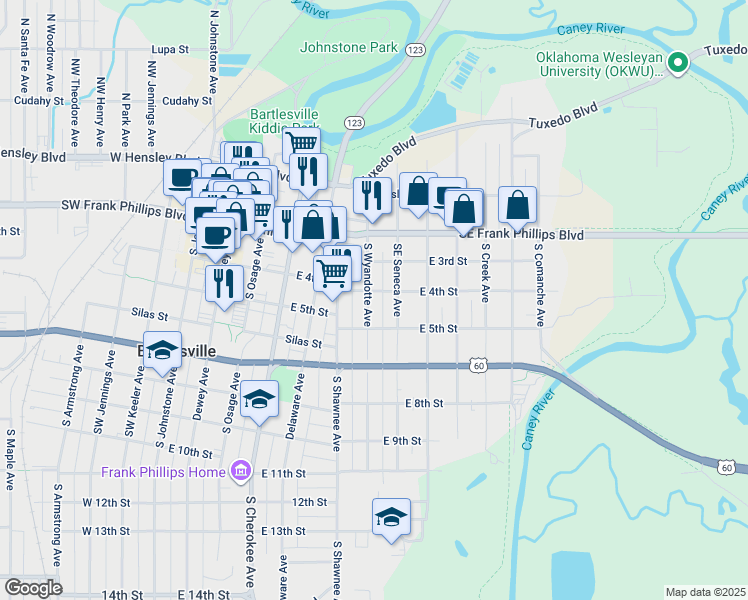map of restaurants, bars, coffee shops, grocery stores, and more near 402 South Wyandotte Avenue in Bartlesville
