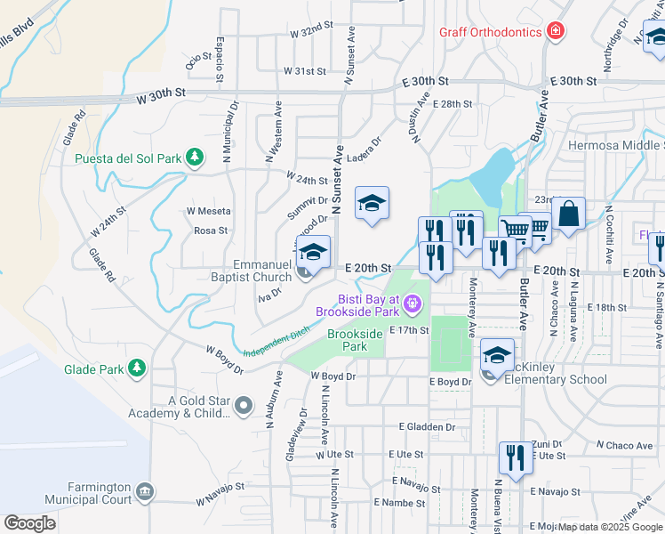 map of restaurants, bars, coffee shops, grocery stores, and more near 200 W 20th St in Farmington