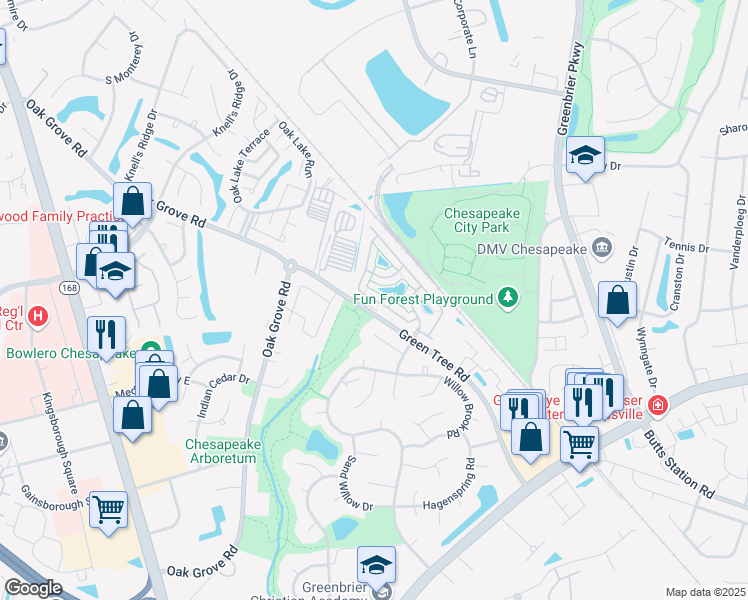 map of restaurants, bars, coffee shops, grocery stores, and more near 426 Blue Beech Way in Chesapeake