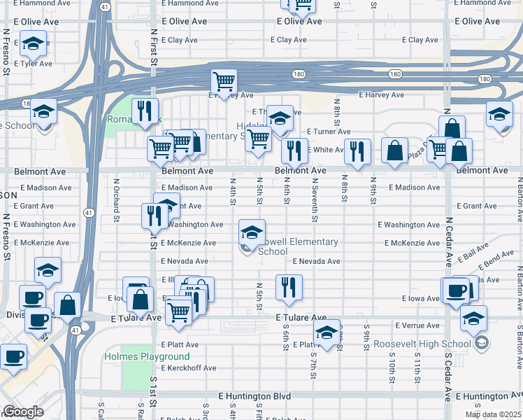 map of restaurants, bars, coffee shops, grocery stores, and more near 386 North 5th Street in Fresno