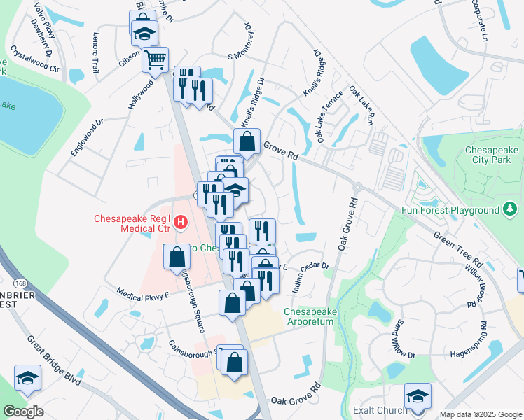 map of restaurants, bars, coffee shops, grocery stores, and more near 729 Ridge Circle in Chesapeake
