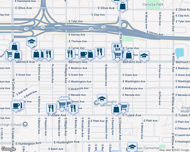 map of restaurants, bars, coffee shops, grocery stores, and more near 4710 East Grant Avenue in Fresno