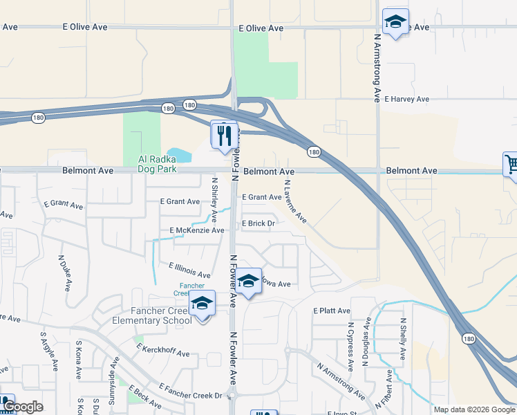 map of restaurants, bars, coffee shops, grocery stores, and more near 6091 East Scenic Way in Fresno
