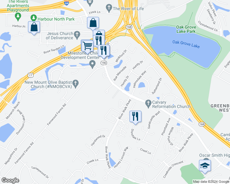 map of restaurants, bars, coffee shops, grocery stores, and more near 640 Estates Way in Chesapeake