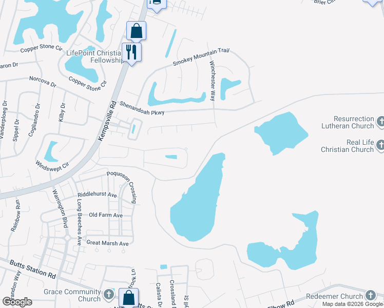 map of restaurants, bars, coffee shops, grocery stores, and more near 1426 Kemp Bridge Drive in Chesapeake