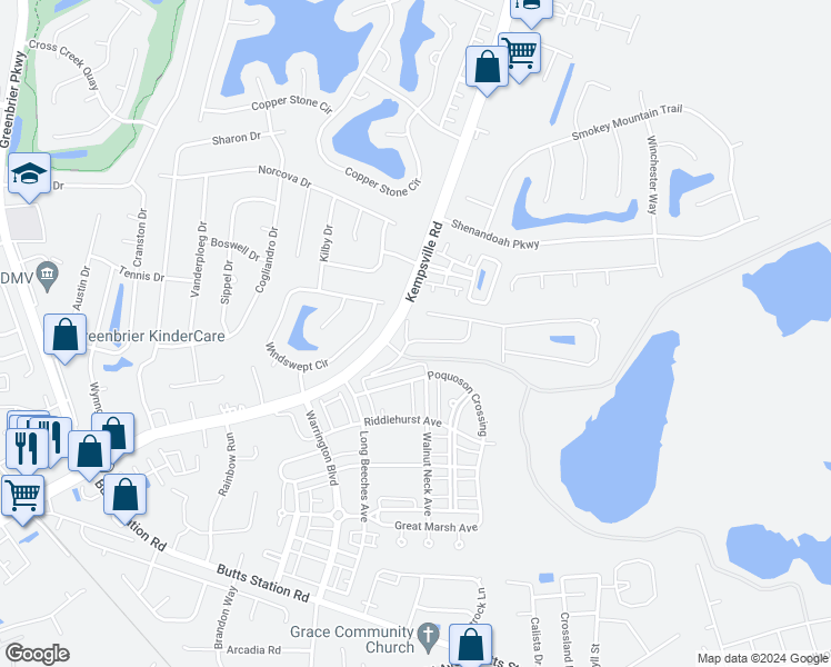 map of restaurants, bars, coffee shops, grocery stores, and more near 1408 Kemp Bridge Lane in Chesapeake