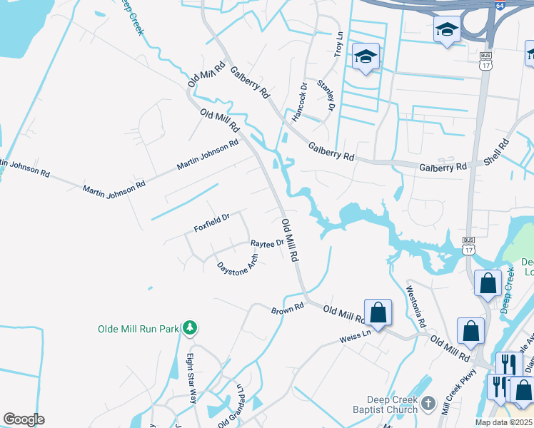 map of restaurants, bars, coffee shops, grocery stores, and more near 3425 Old Mill Road in Chesapeake