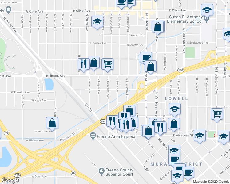 map of restaurants, bars, coffee shops, grocery stores, and more near 512 East Franklin Avenue in Fresno